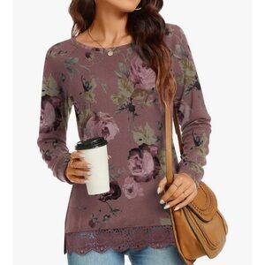 FLORAL TUNIC TOP MAUVE CABBAGE ROSE PRINT LACE HEM SIZE MEDIUM